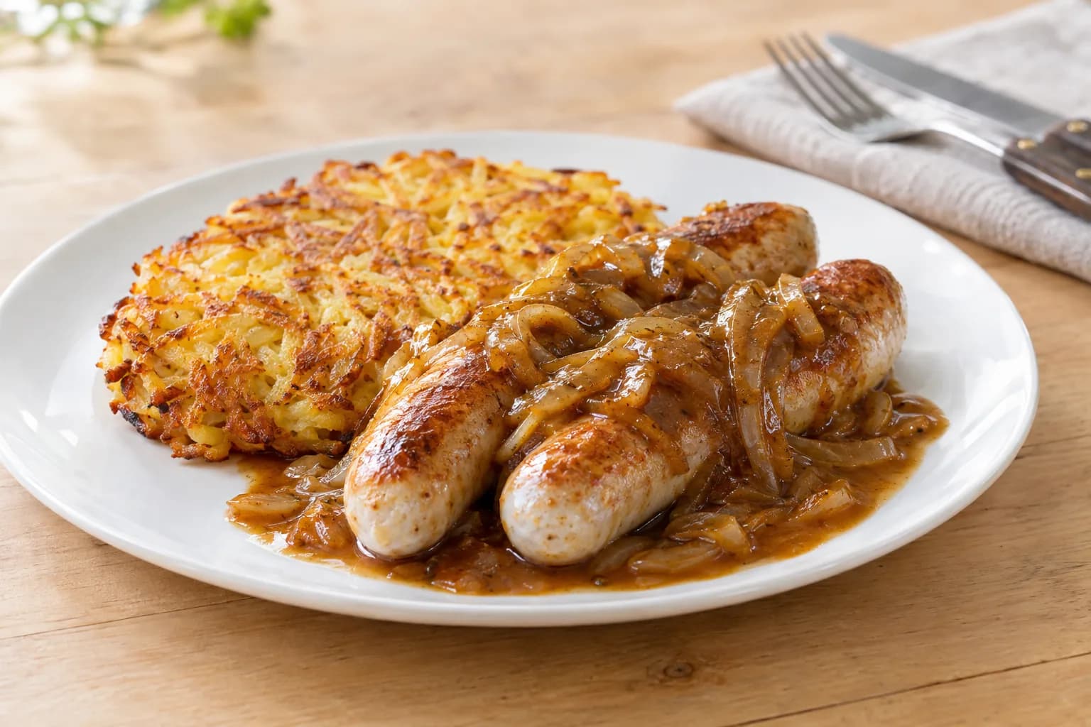 Bratwurst mit Zwiebelsauce und Rösti