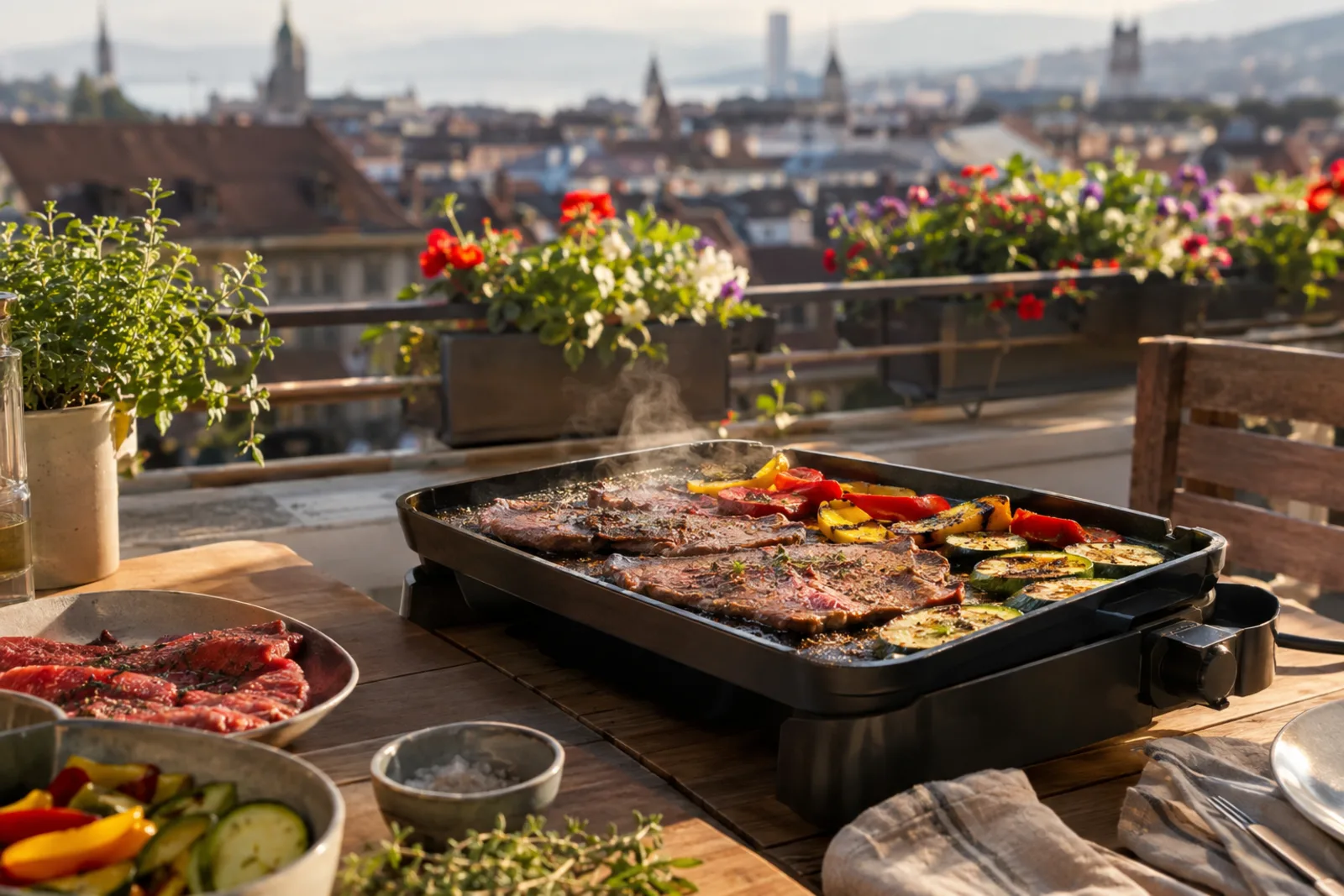 Kompakte Plancha brät Rindfleischstreifen und Gemüse auf einem Balkon
