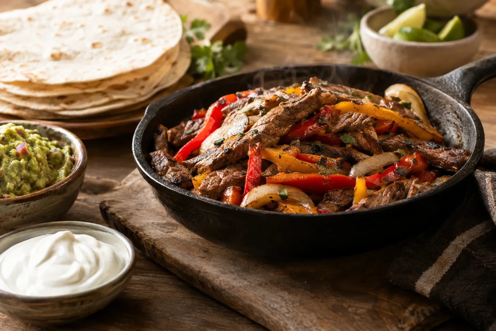 Fajitas mit Rind vom Grill: Fleisch, Peperoni und Tortillas