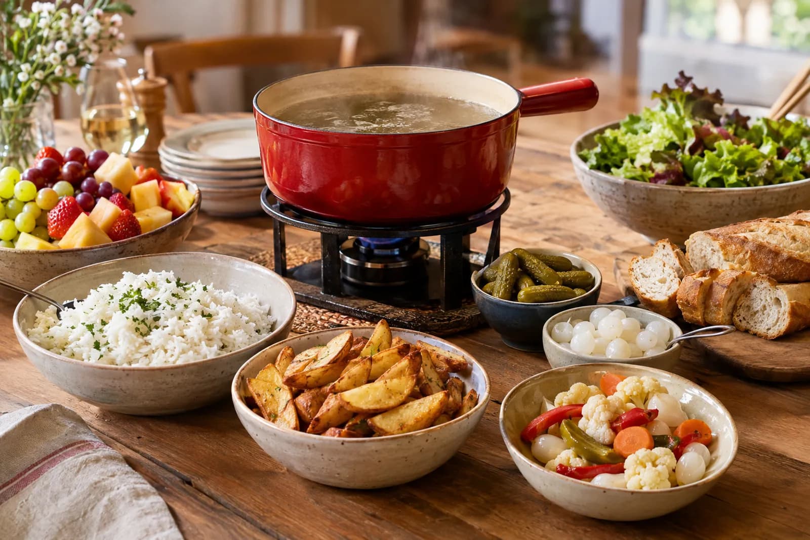 Fondue Chinoise und Bourguignonne mit Saucen, Salaten und Beilagen