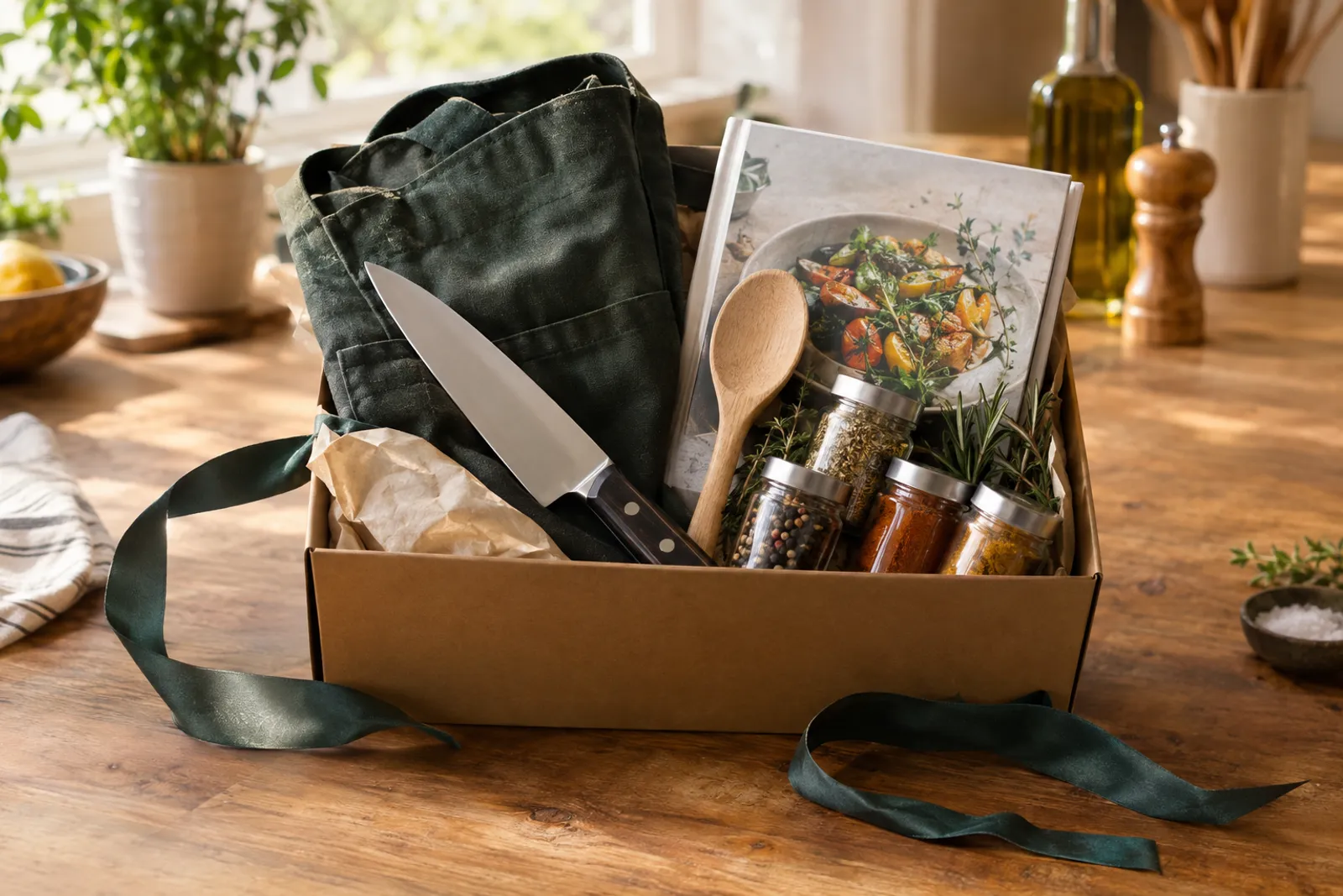 Geschenkideen für Hobbyköche mit Küchenmesser, Gewürzen und Kochbuch