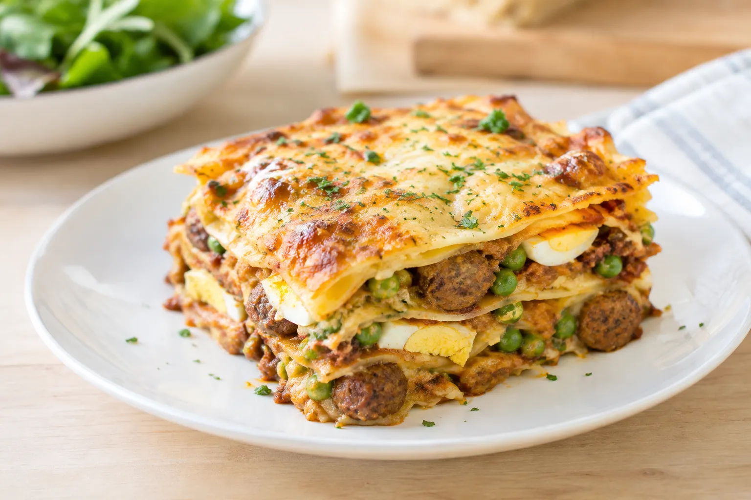 Lasagne alla Romagnola: mit Hackbällchen, Erbsen und Ei