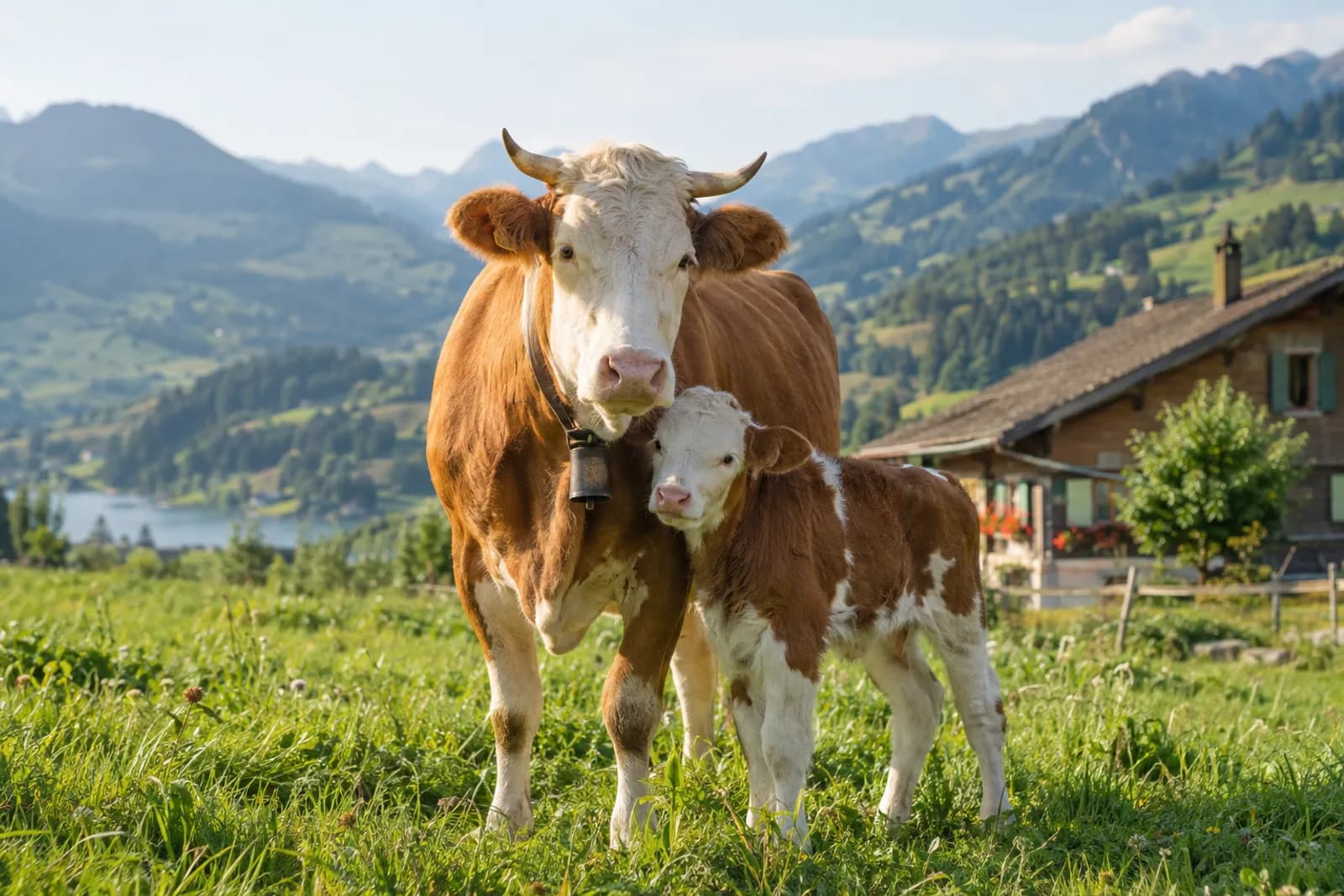 Mutterkuh und Kalb auf einer Schweizer Weide
