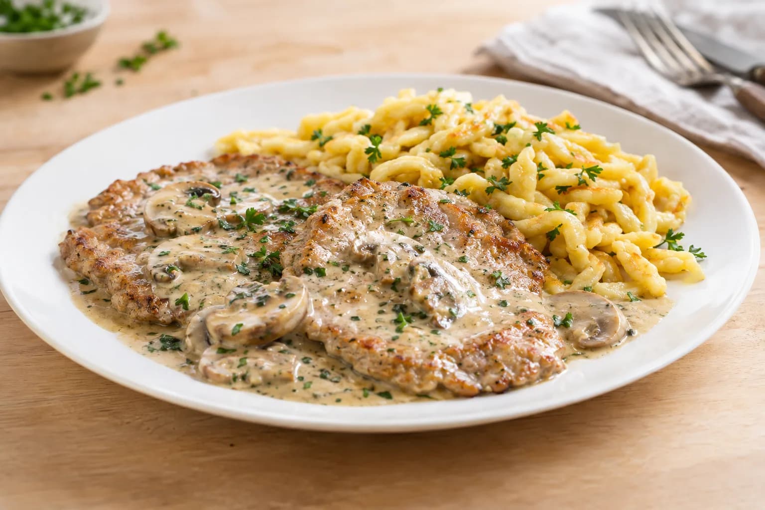 Rahmschnitzel mit Champignon-Rahmsauce