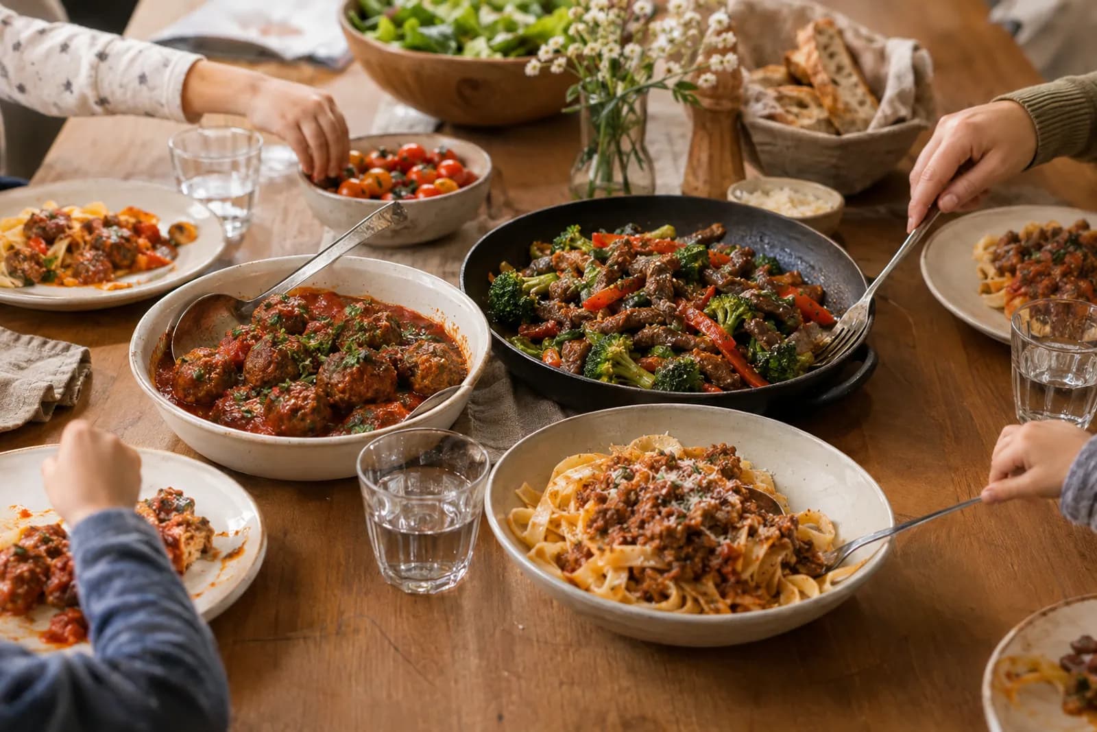 Familien-Znacht mit Rindfleisch, Gemüse und Kartoffeln