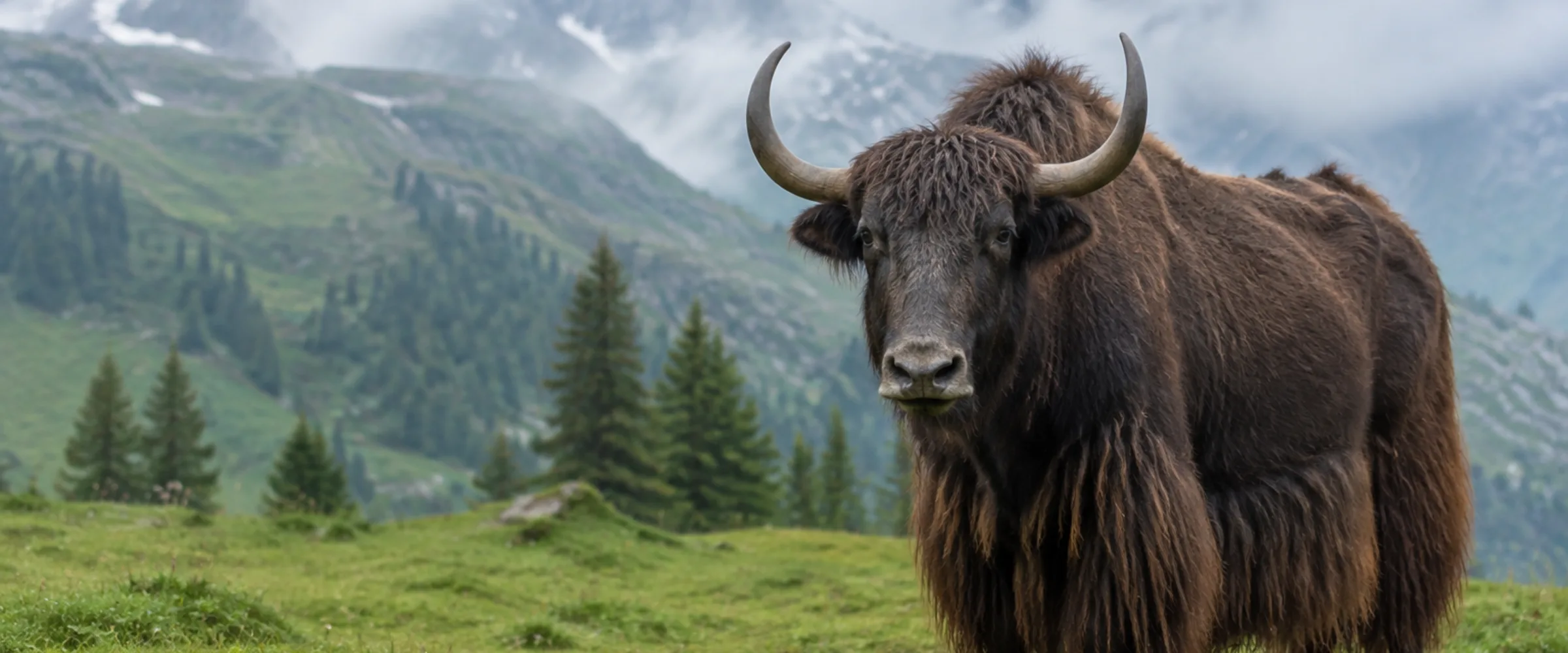 Alpen Yak mit langem, zotteligem Fell und Hörnern auf einer Bergweide
