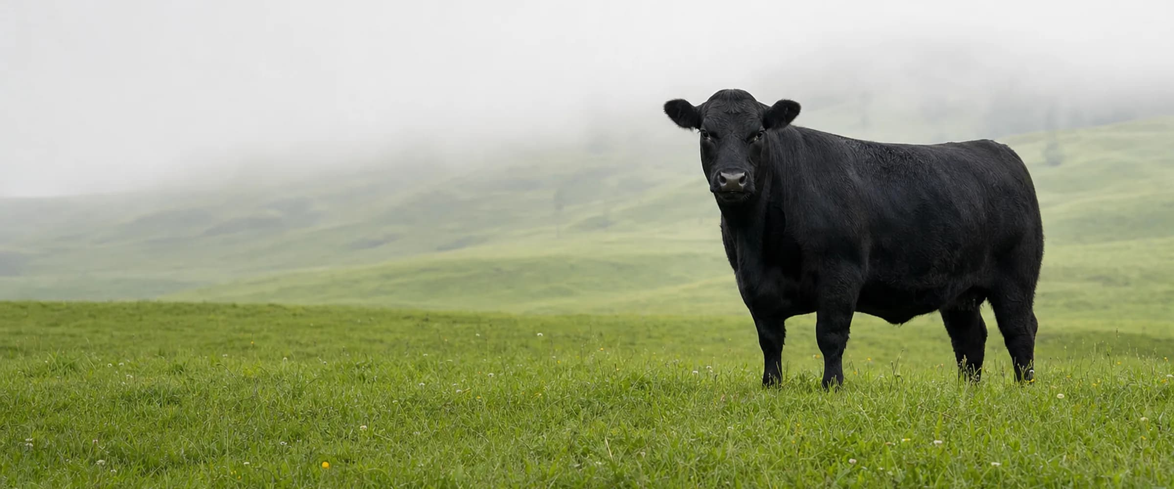 Black Angus Kuh mit tiefschwarzem Fell und ohne Hörner auf einer Weide in den Voralpen