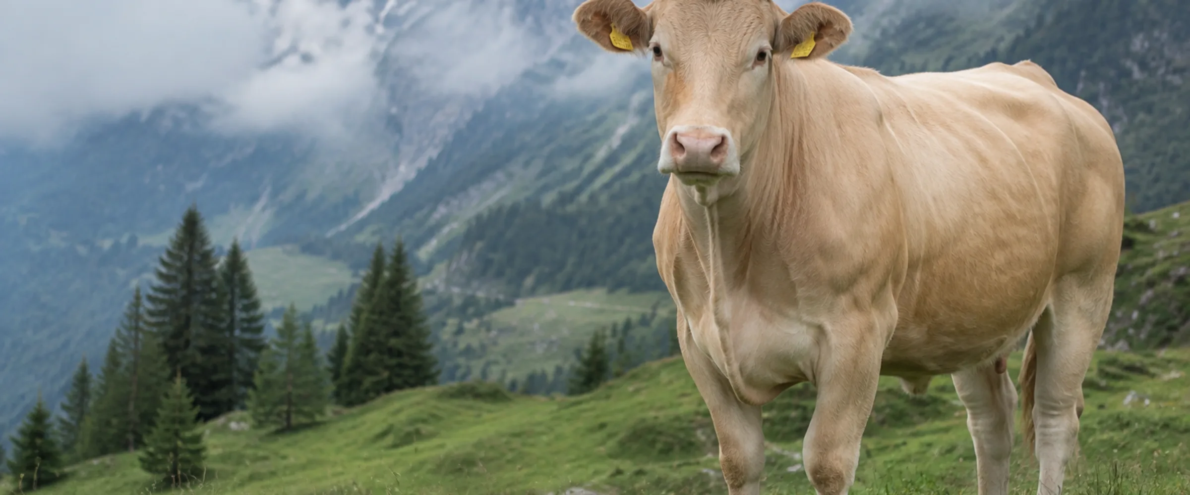 Blonde d'Aquitaine Kuh mit weizenblondem Fell auf einer Weide