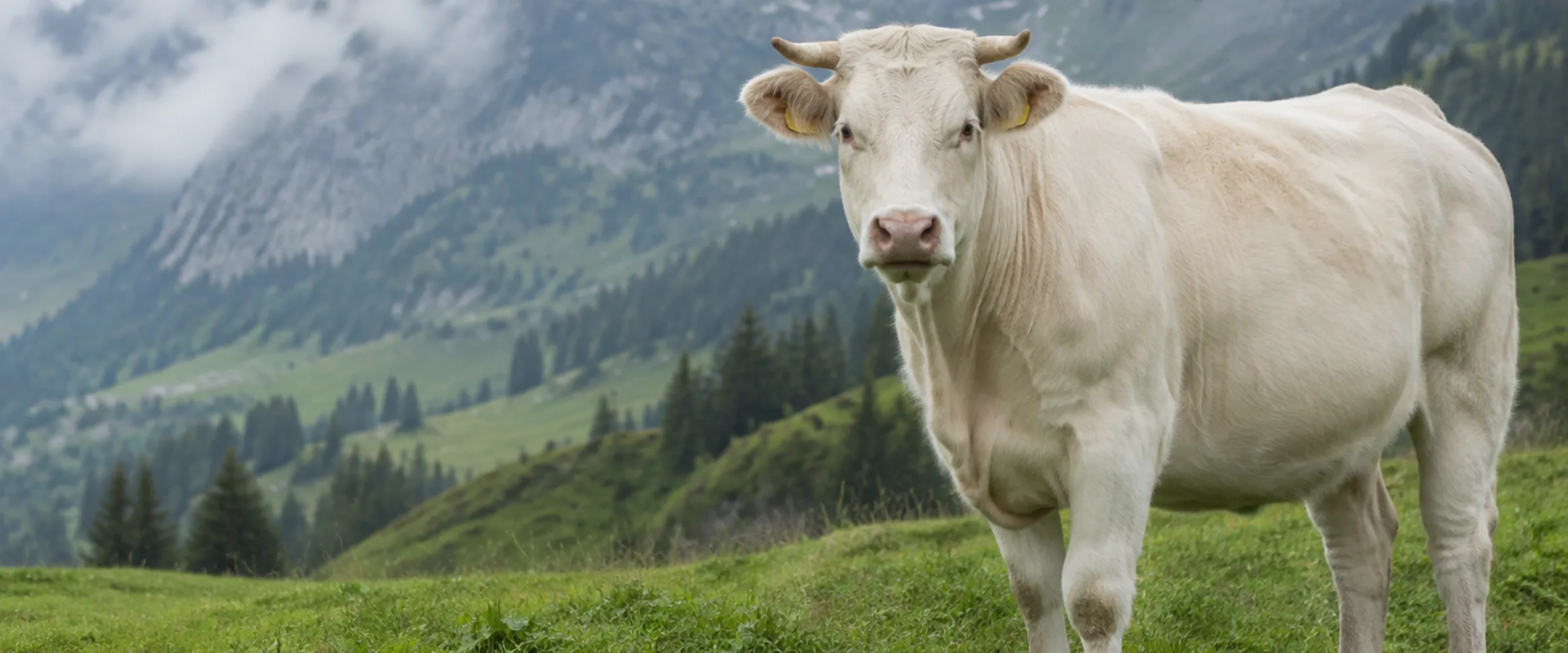 Charolais Kuh mit weissem Fell und hellen Hörnern auf einer Weide