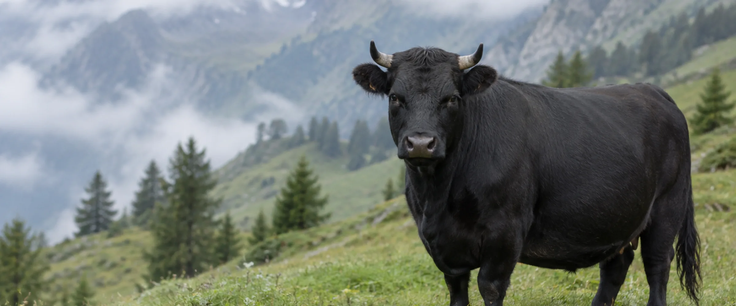Kleines schwarzes Dexter Rind mit kurzen Hörnern auf einer Weide