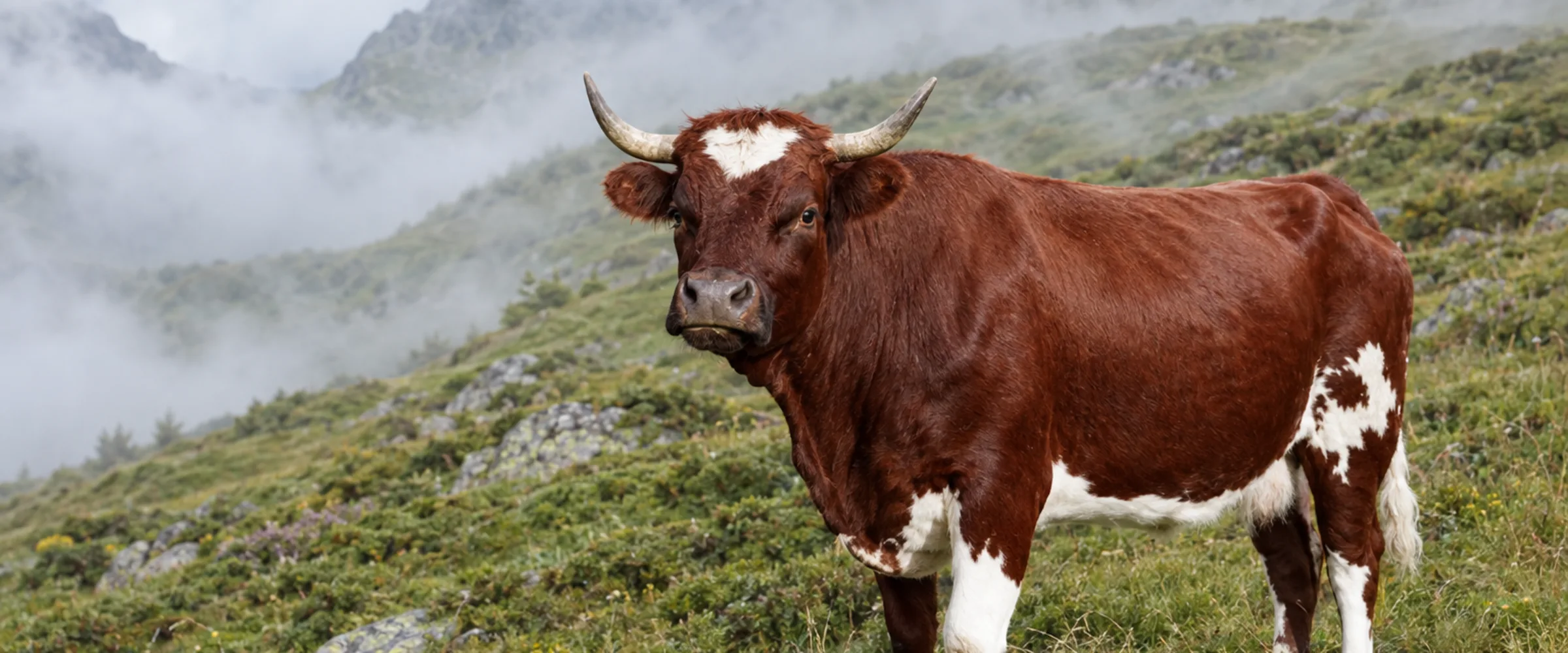 Rotbraun weissgescheckte Evolèner Kuh mit weissem Stirnstern auf einer Alpweide