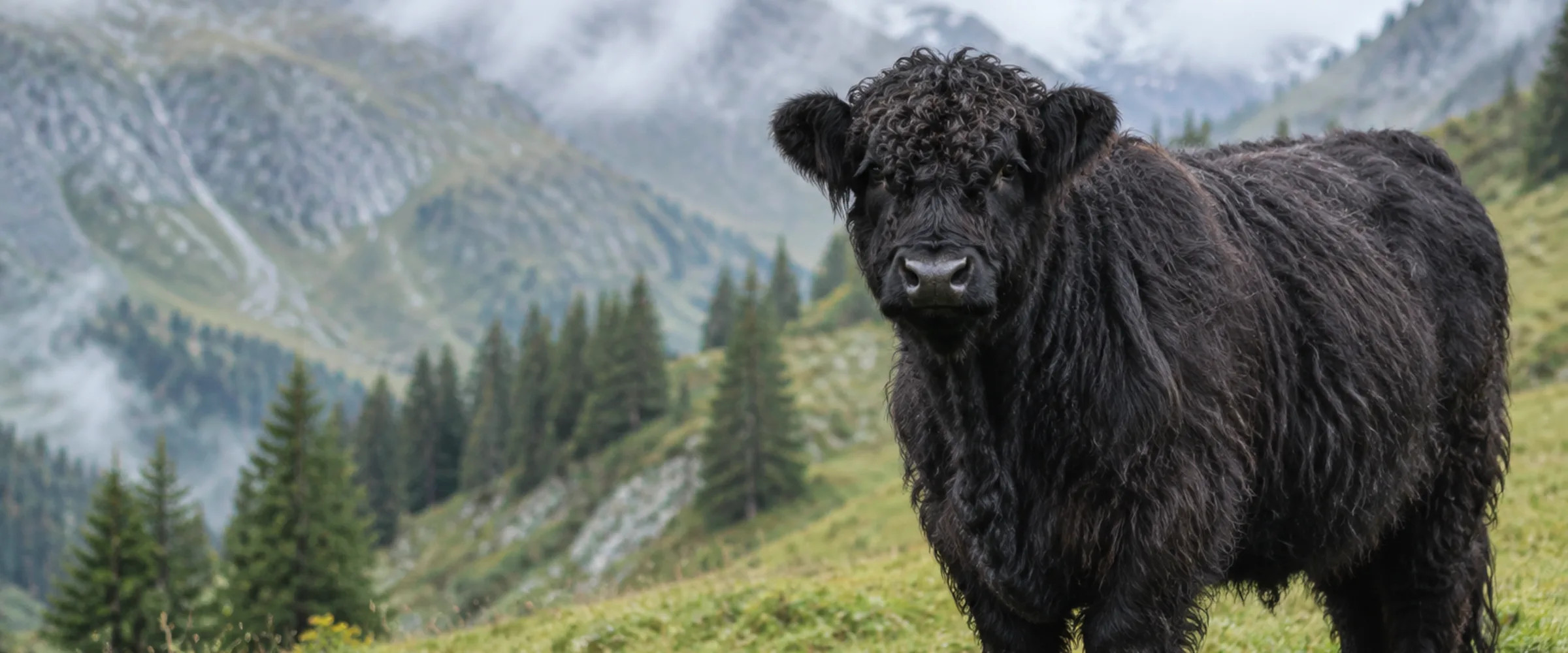 Schwarzes Galloway Rind mit zotteligem Fell auf einer Weide