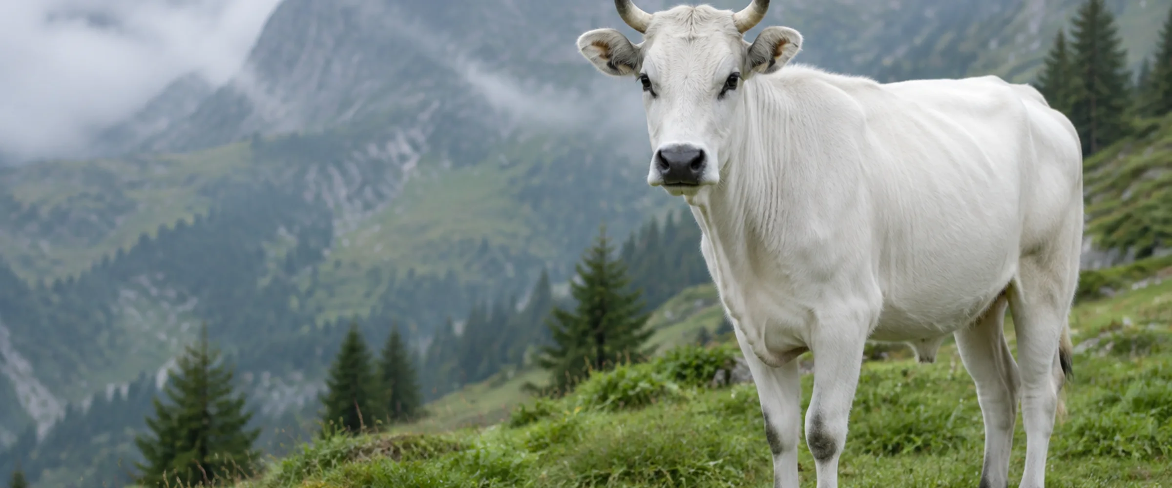 Helles Hinterwälder Rind mit dunkler Maulpartie und Lyrahörnern auf einer Weide