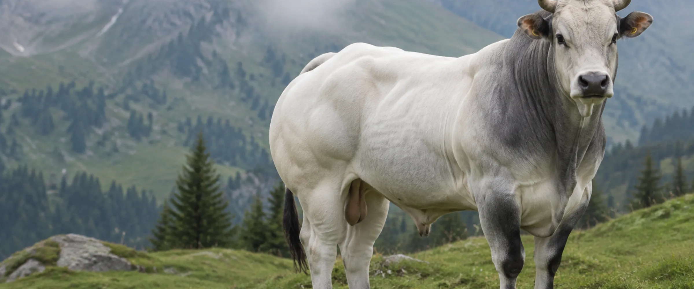 Weissgraues Piemonteser Rind mit dunklen Punkten an Maul und Schwanz auf einer Weide