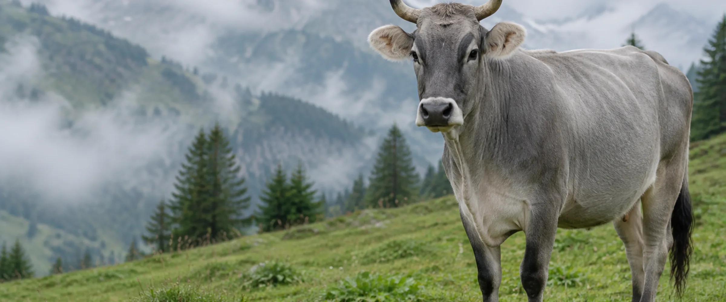 Graues Rätisches Grauvieh mit Lyrahörnern auf einer Bergweide