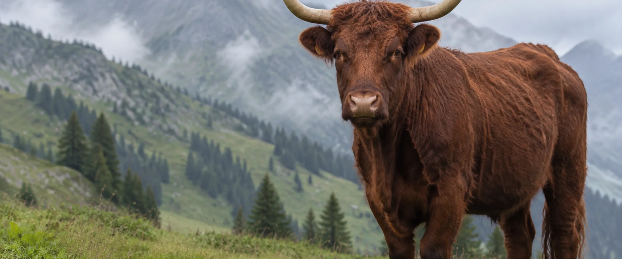Mahagonirote Salers Kuh mit langen Lyrahörnern auf einer Weide
