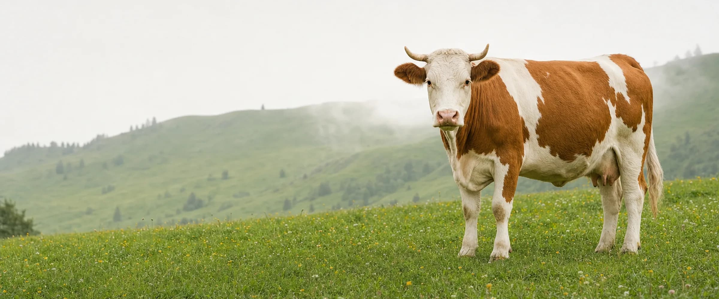 Simmentaler Kuh mit weissem Kopf und goldroten Flecken auf einer Weide in den Voralpen