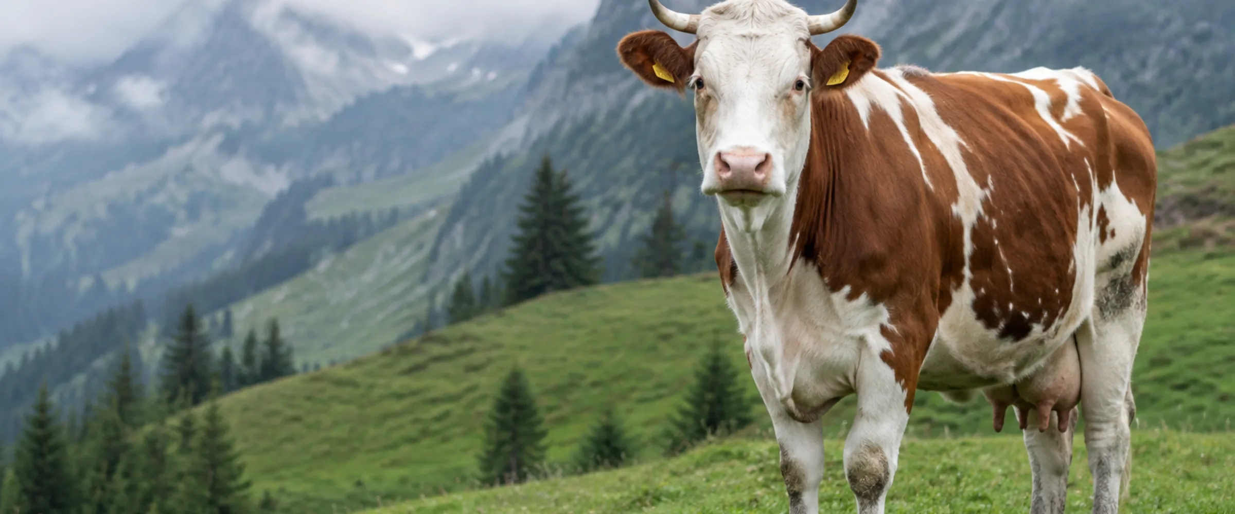 Rot-weiss geflecktes Swiss Fleckvieh Rind auf einer Weide