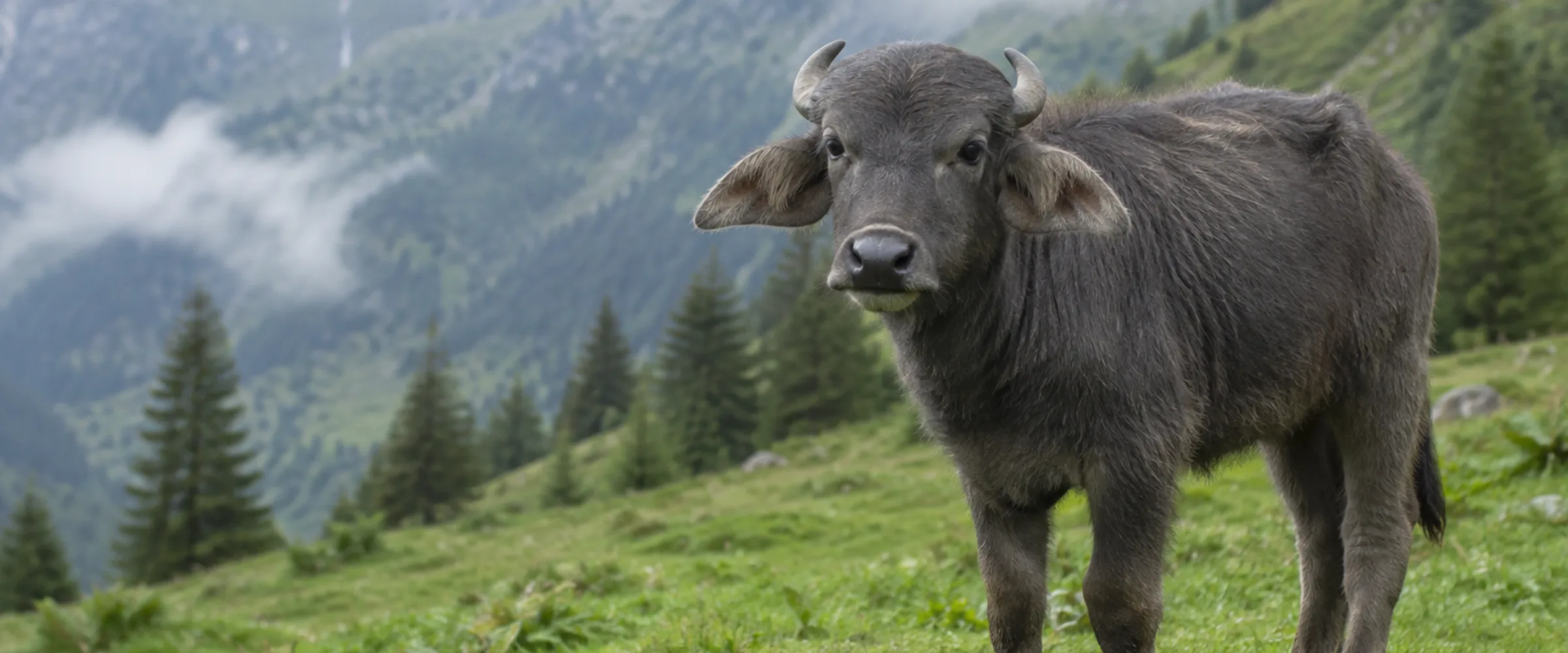 Junges Wasserbüffel Kalb mit dunklem Fell auf einer Weide