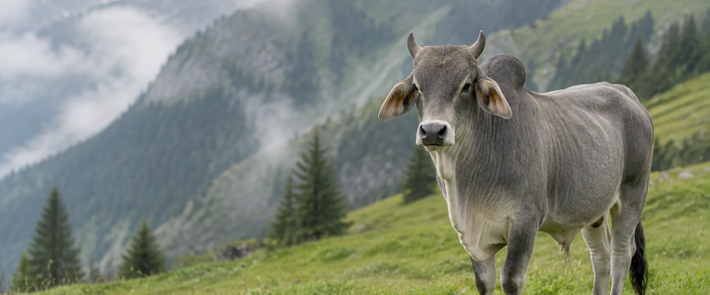Graues Zwergzebu mit Buckel und hängenden Ohren auf einer Weide